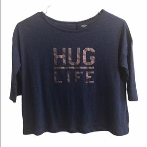 Old Navy Half Top “Hug Life” Blue Top Petite Small 3/4 Sleeve Soft Stretch EUC